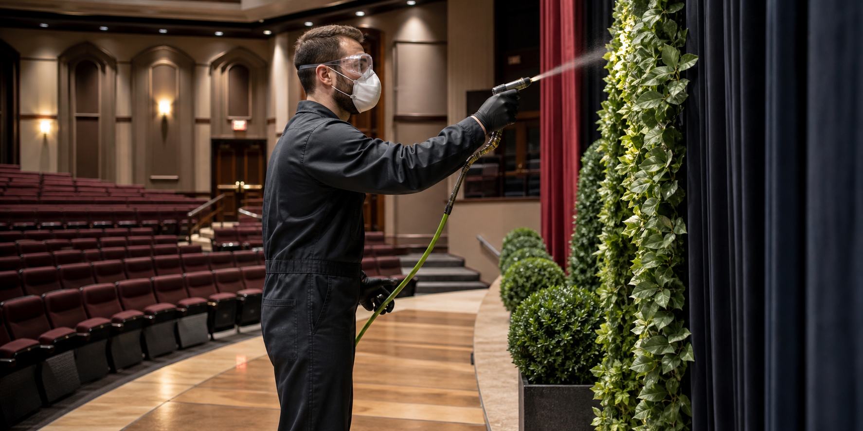Technician flame-proofing decorative fabric and artificial greenery in a finished auditorium
